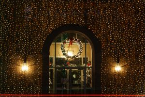 Store front with Christmas lights